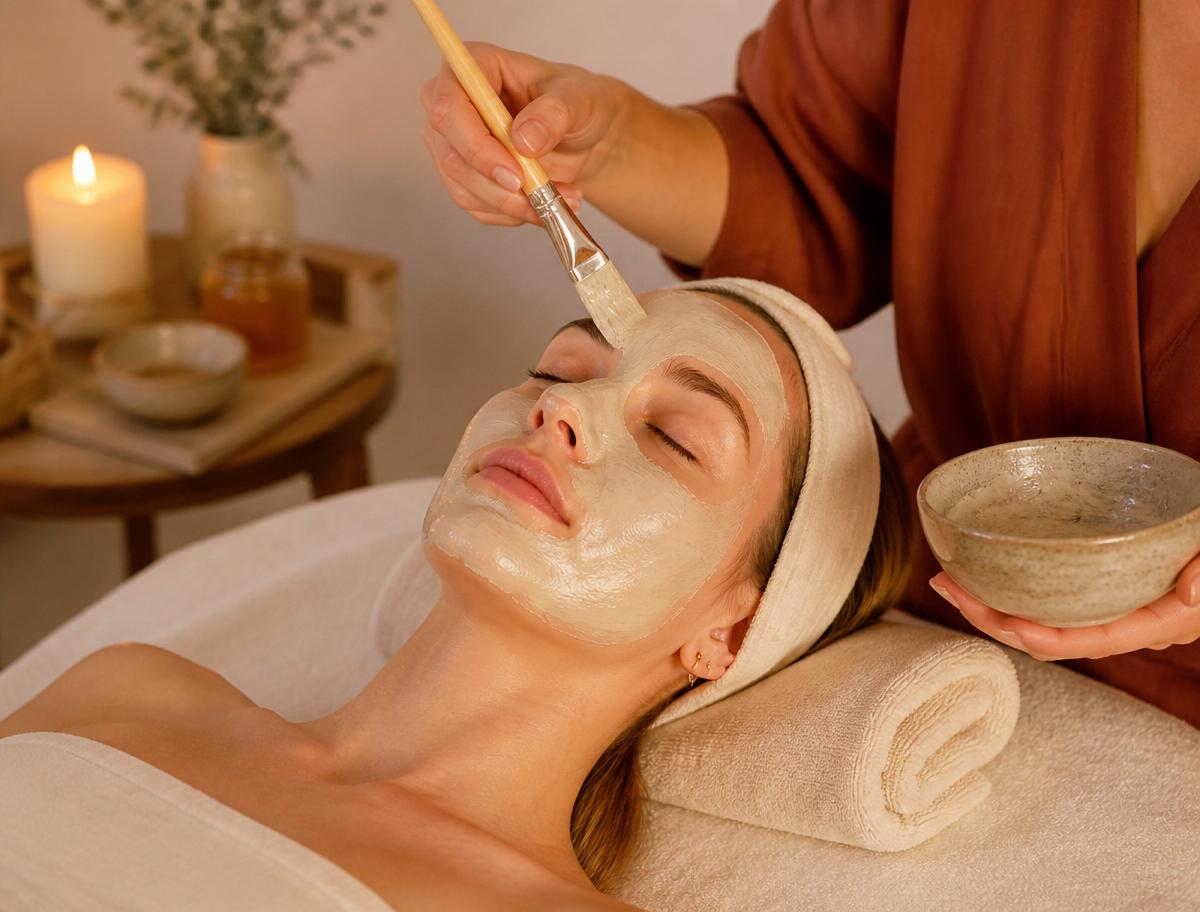 Client receiving a customized clay mask facial treatment