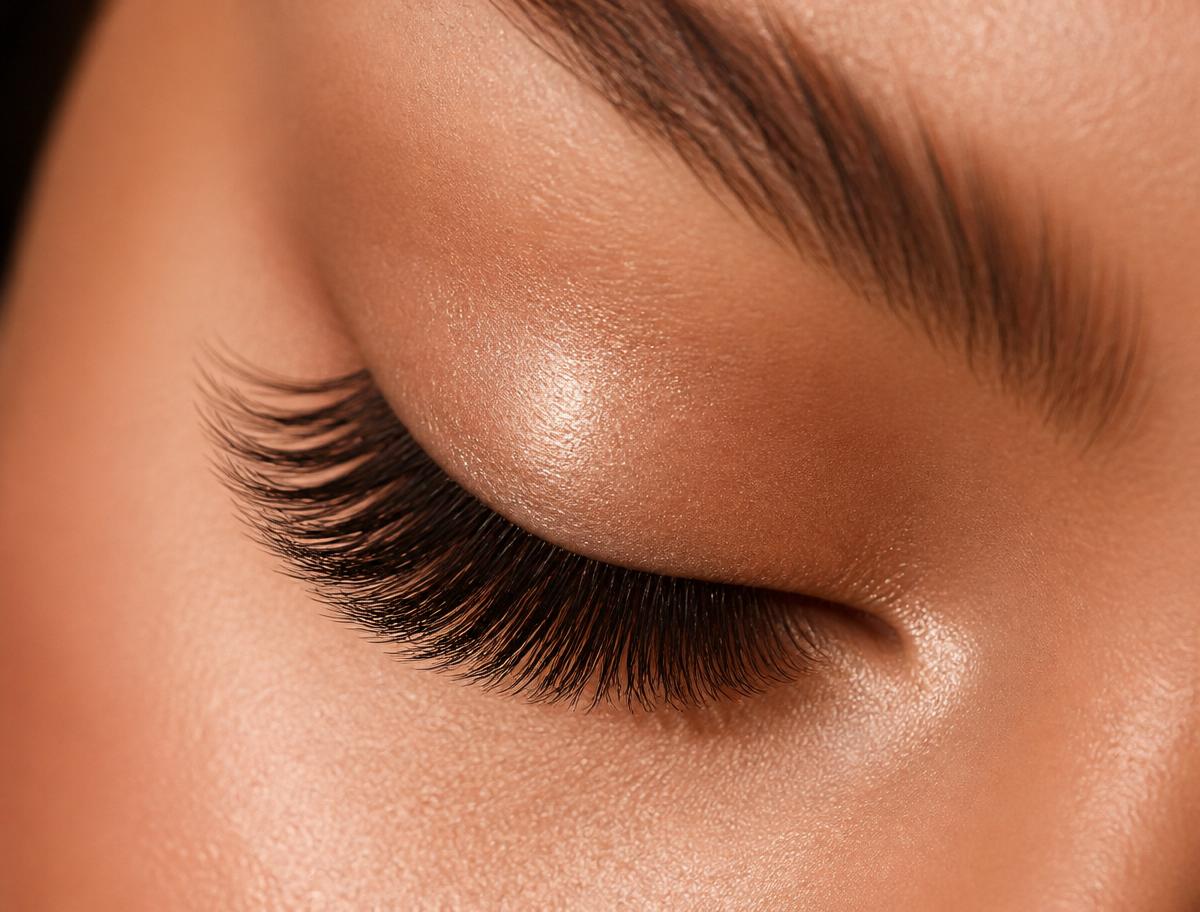Close-up of natural volume eyelash extensions applied at the studio