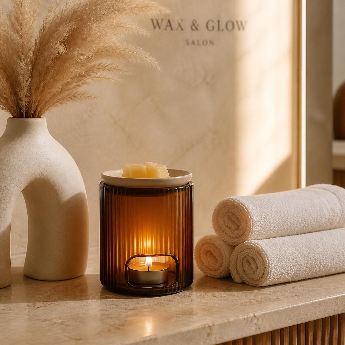 Warm wax warmer, rolled towels and dried pampas grass on the studio counter